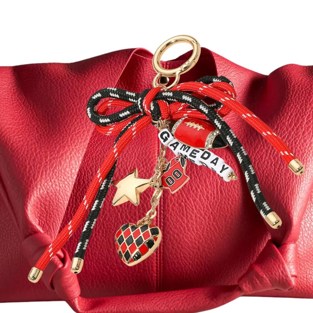 Football Georgia RED & BLACK GAMEDAY Bag Charm Beaded Bow Theme Keychain